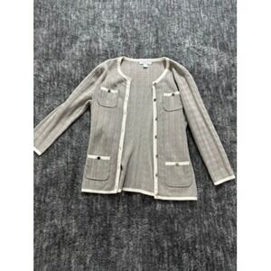 New York & Company XS Beige Cardigan Contrast Trim Button Front Office Modest
